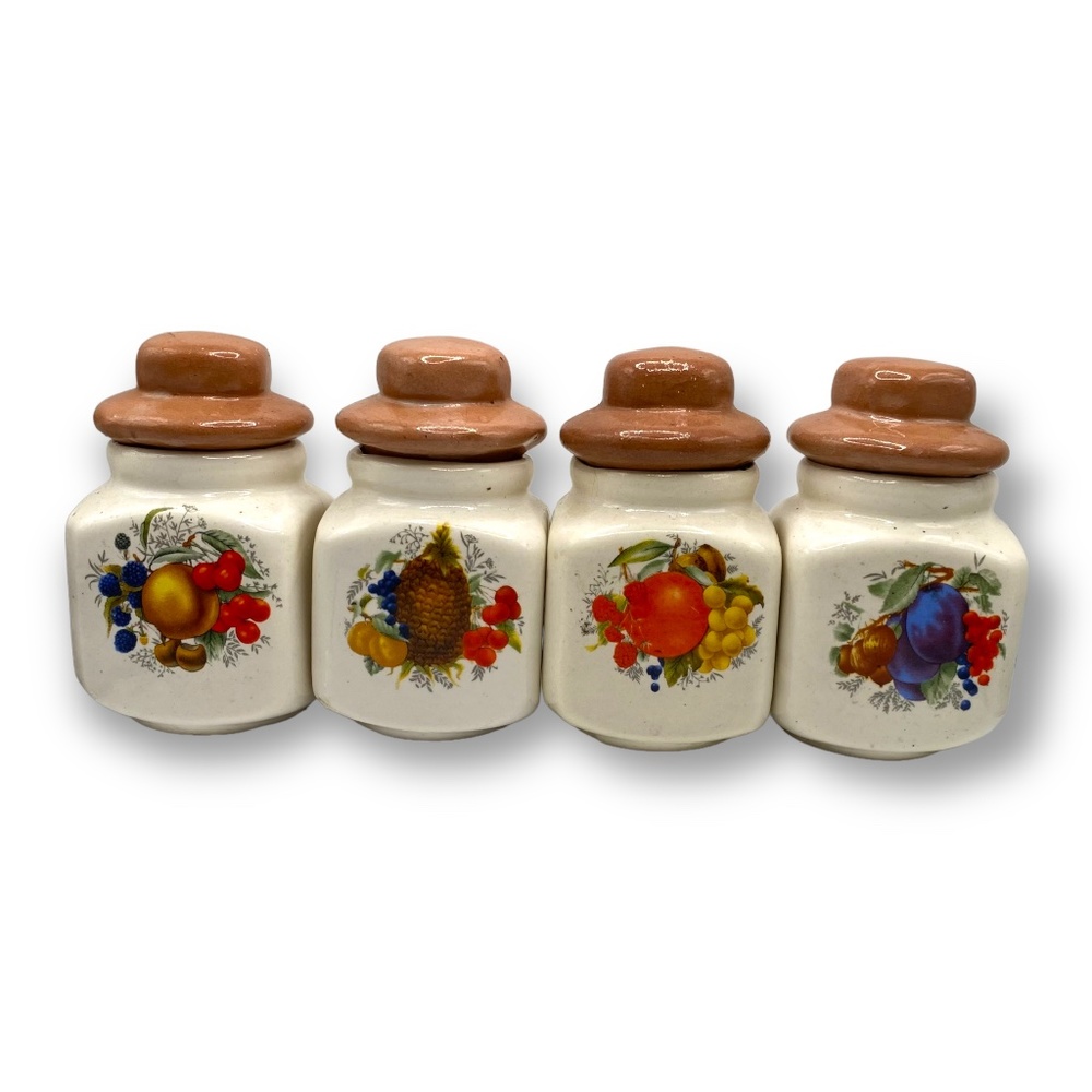 Vintage Set of Kitchen Canister Fruit Floral Pottery with Rustic Colored Lids